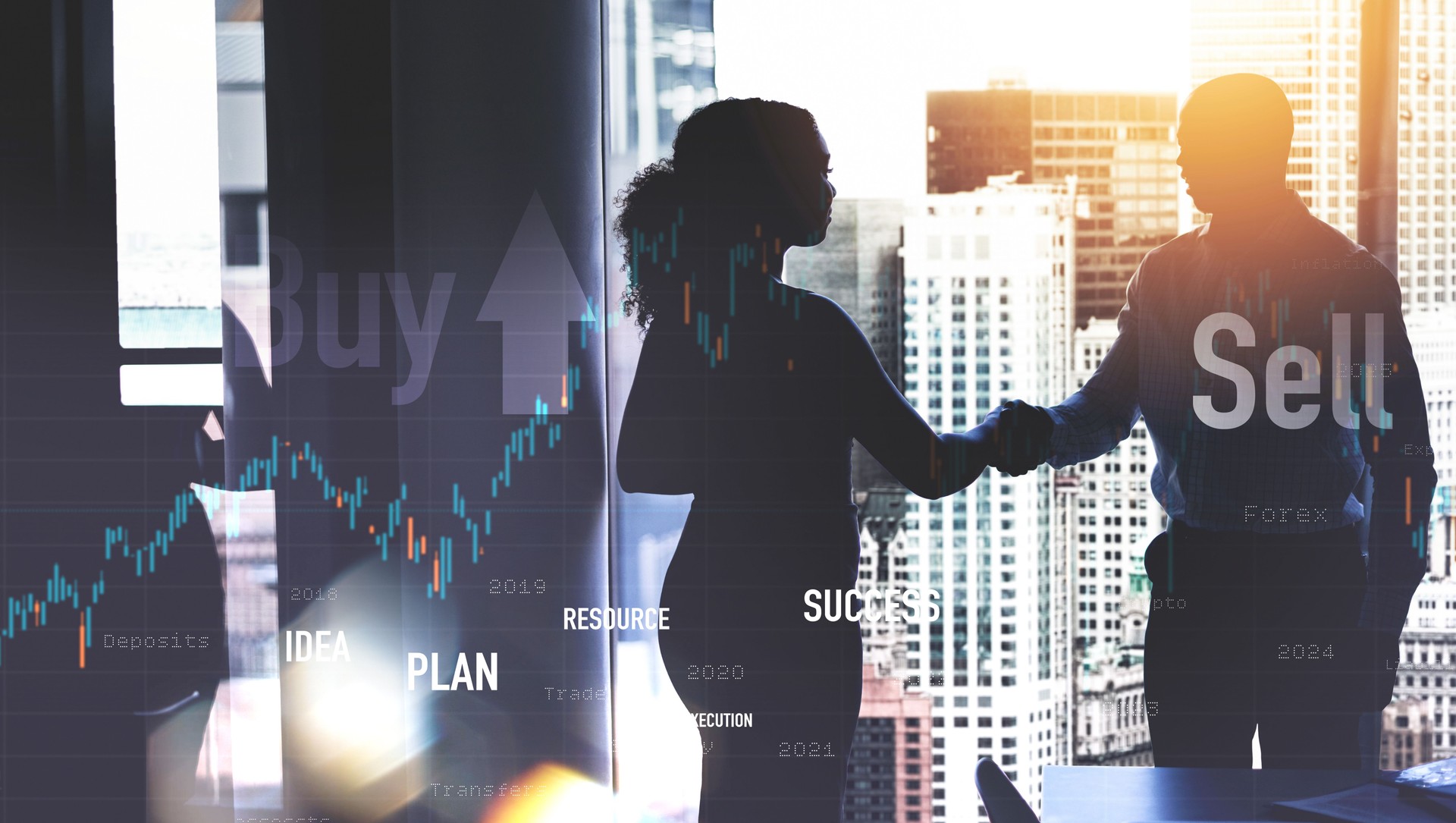 Business people, handshake and data in double exposure for broker advice, investment and partnership or meeting. Investor, trader or clients shaking hands in silhouette for assets and finance success