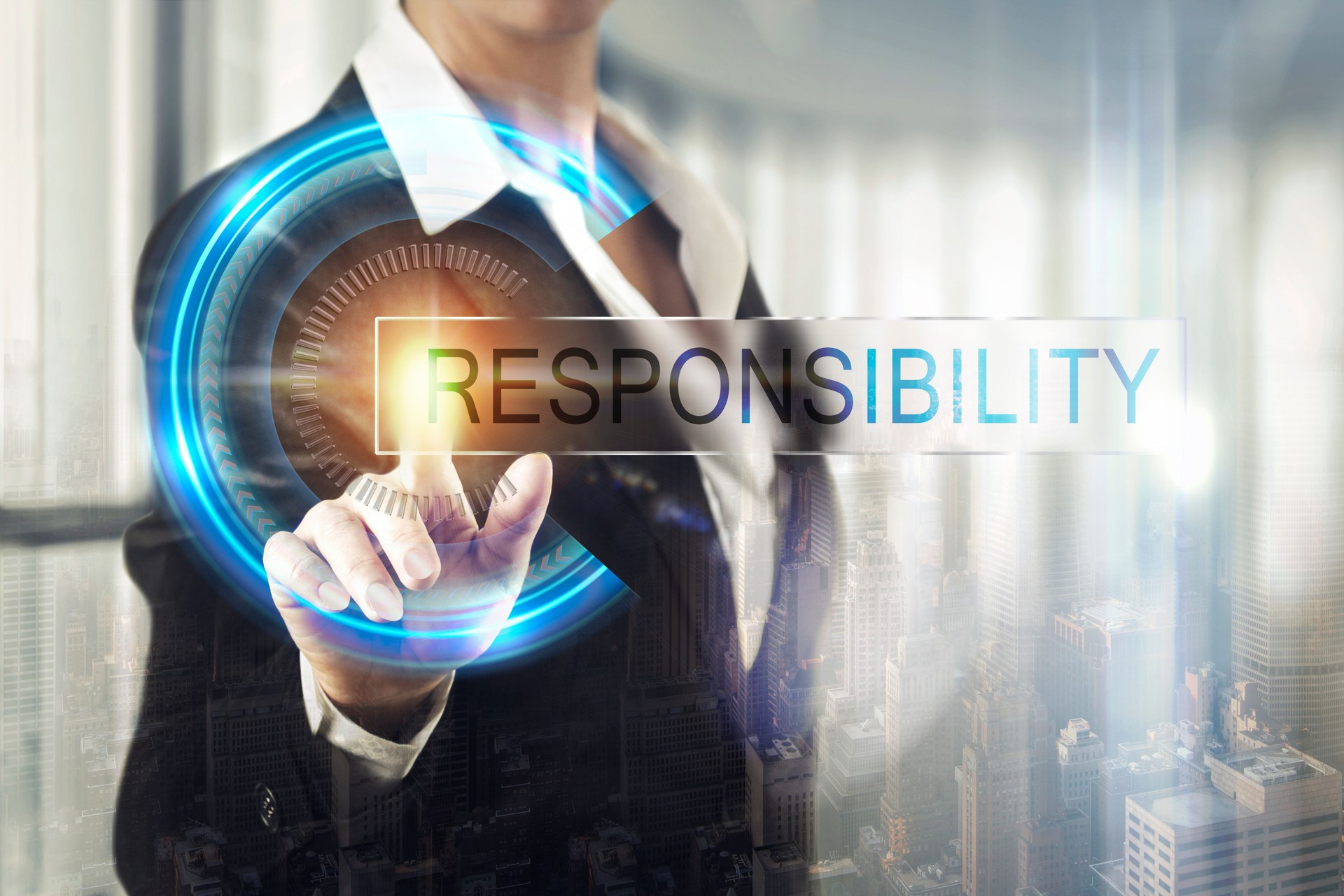 Business women touching the responsibility screen